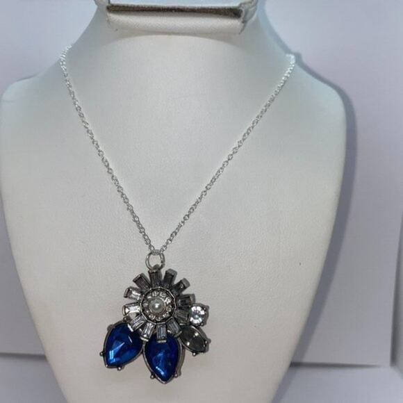 Silver-Tone Blue Clear Rhinestone Pendant Necklace - Picture 1 of 7